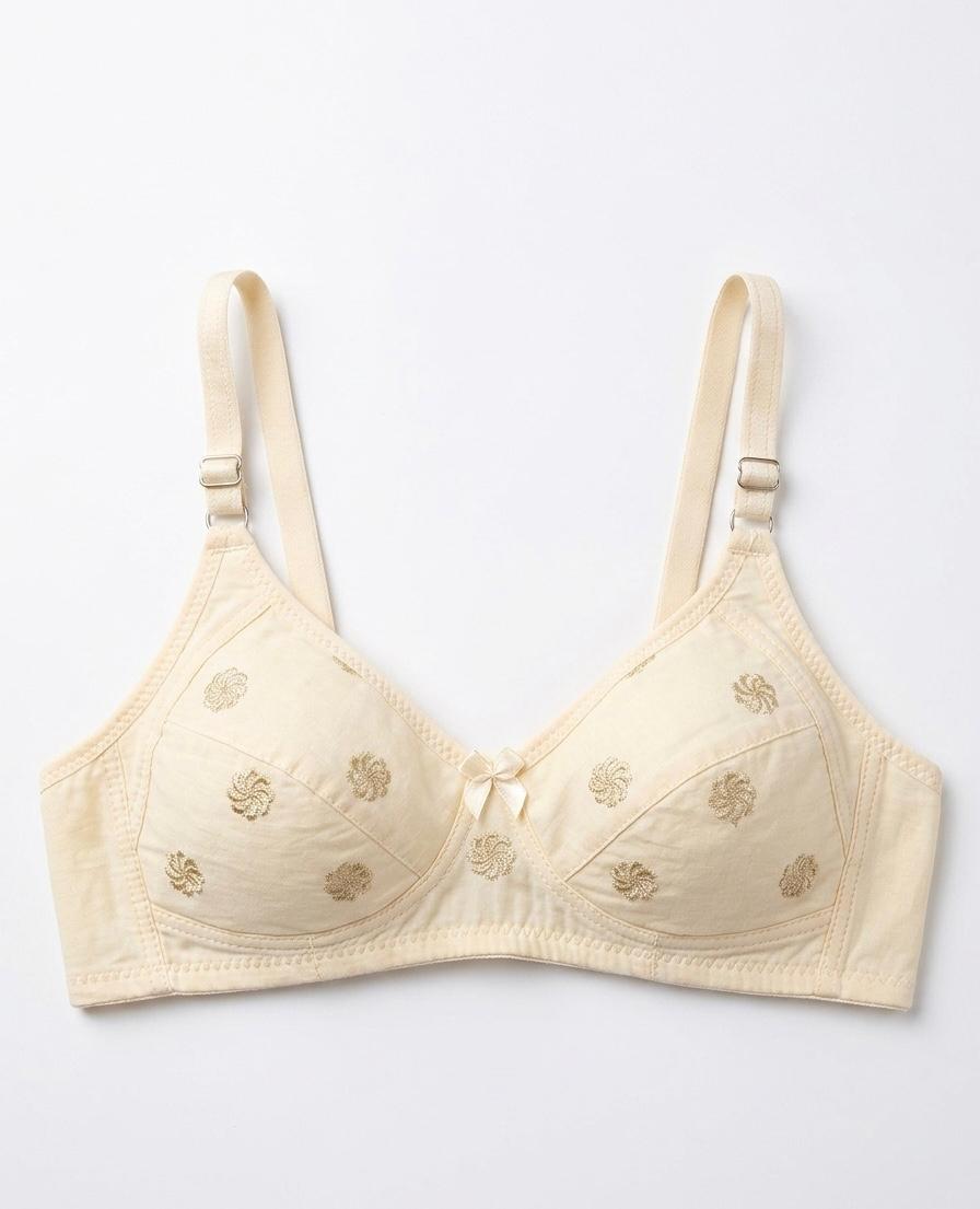 Fausa Apex Elegant Floral Embroidered Cotton Bra Soft Cream Non-Padded Comfort Bralette